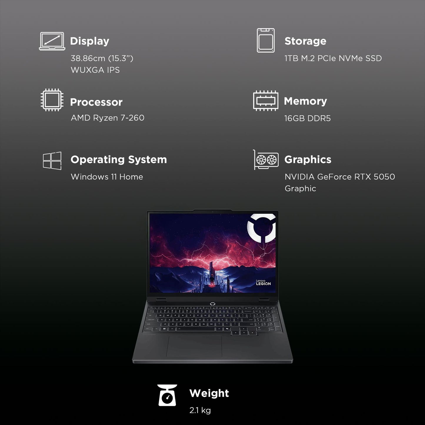 Lenovo Legion 5 15AHP10 AMD Ryzen 7 Gaming Laptop (16GB, 1TB SSD, Windows 11 Home, 8GB Graphics, 15.3 Inch 165 Hz WUXGA IPS Display, NVIDIA GeForce RTX 5050, MS Office Home 2024, Eclipse Black, 2.1 KG)