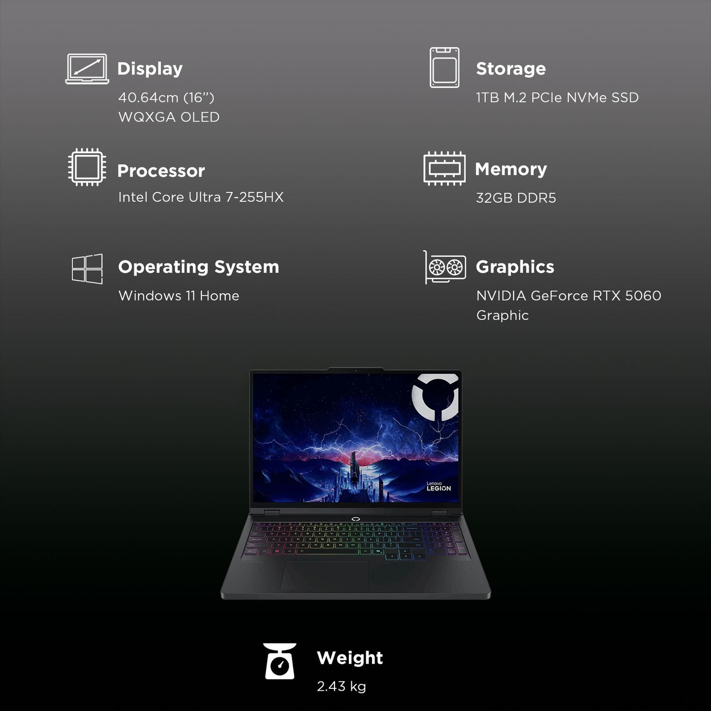 Lenovo Legion Pro 5 16IAX10 Intel Core Ultra 7 Gaming Laptop (32GB, 1TB SSD, Windows 11 Home, 8GB Graphics, 16 Inch 165 Hz WQXGA OLED Display, NVIDIA GeForce RTX 5060, MS Office Home 2024, Eclipse Black, 2.43 KG)