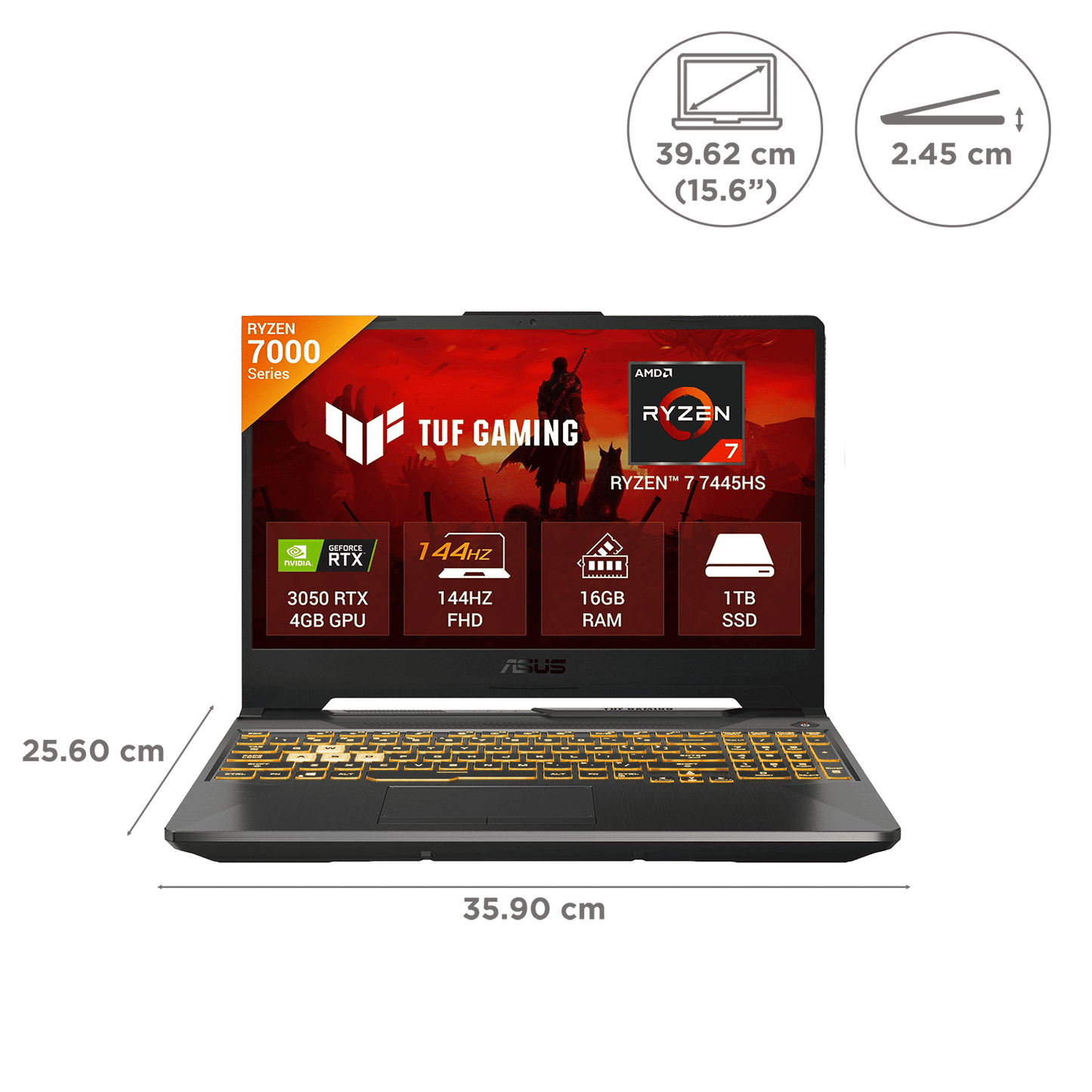 ASUS TUF A15 FA506NCG-HN251WS AMD Ryzen 7 Gaming Laptop (16GB, 1TB SSD, Windows 11 Home, 4GB Graphics, 15.6 inch 144 Hz Full IPS HD Display, NVIDIA GeForce RTX 3050, MS Office Home 2024, Graphite Black, 2.30 KG)