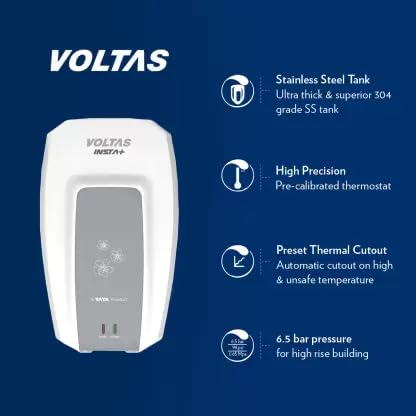 Voltas Insta+ 3IPBWT 3L 5 Star Instant Water Heater | 3000W Copper Heating Element | Overheat Protection | High-Rise Compatible | White
