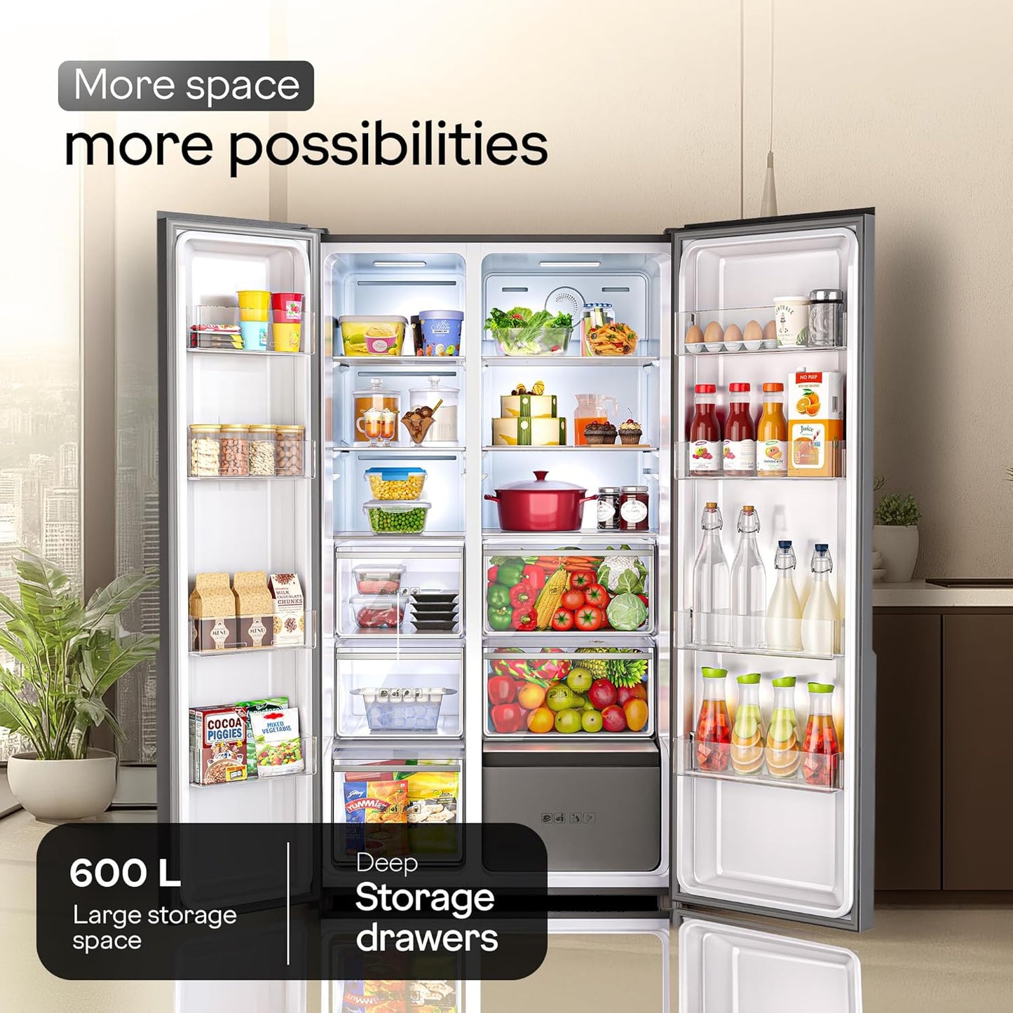 Godrej RS EONVELVET 646C 600L 3 Star Inverter Side-by-Side Refrigerator | Smart Convertible Zones | Digital Touch Panel | Frost Free | Opera Rose (2025 Model)