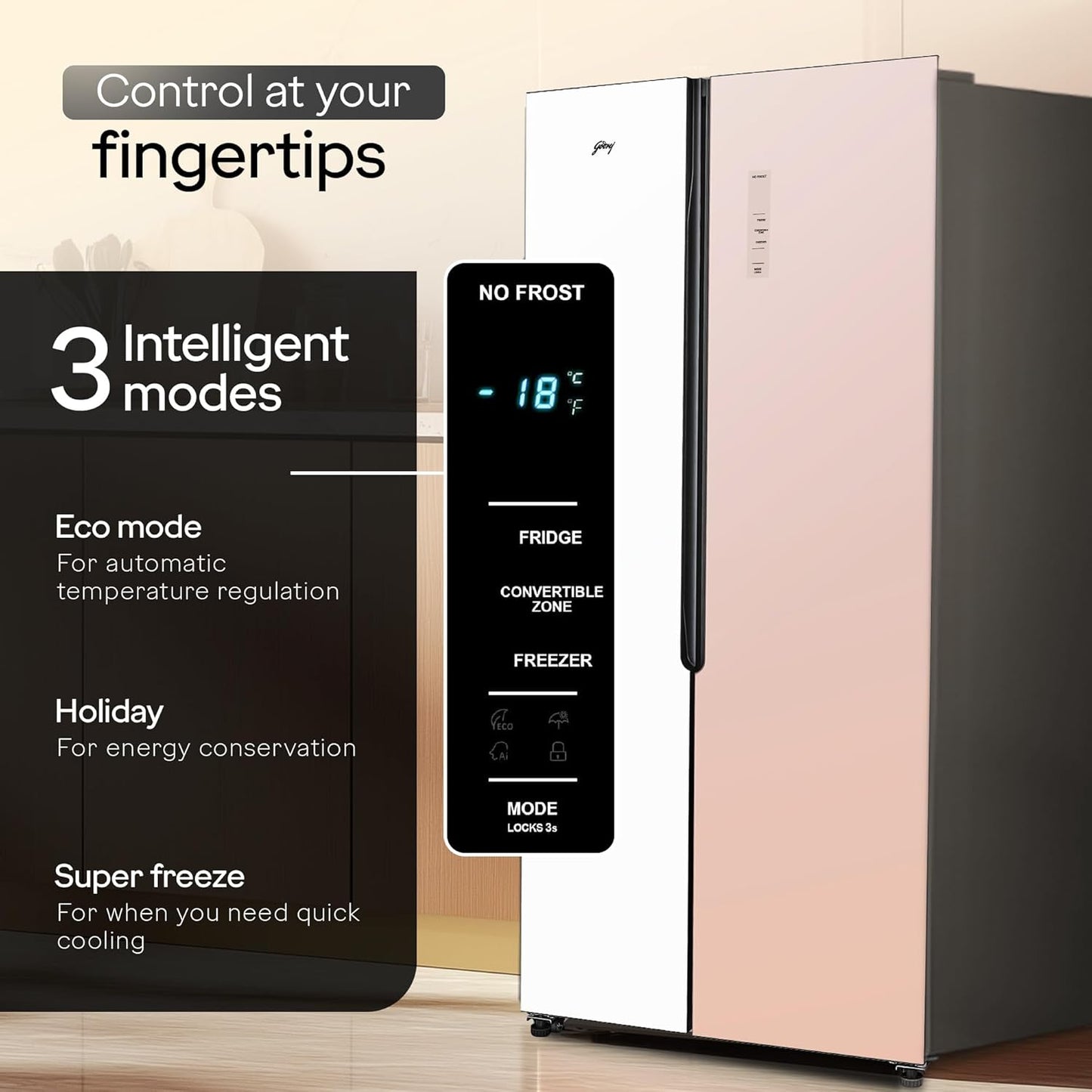 Godrej RS EONVELVET 646C 600L 3 Star Inverter Side-by-Side Refrigerator | Smart Convertible Zones | Digital Touch Panel | Frost Free | Opera Rose (2025 Model)