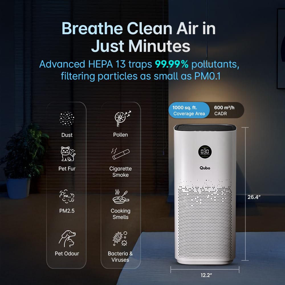 Qubo Smart Air Purifier Q1000 | 4-Layer Filtration | HEPA H13 | QSensAI Smart Mode | App &amp; Voice Control | 1000 Sq. Ft. Coverage | Suraj Electronics