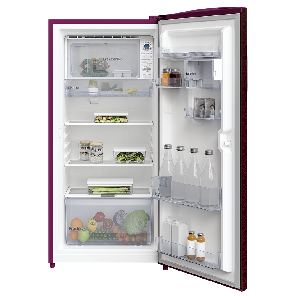 Voltas Beko RDC220B/W0FPE0M 185L 4 Star Direct Cool Single Door Refrigerator (Dahlia Wine) – FreshBox™, SafeBox™, FlexLift™, Toughened Glass Shelves