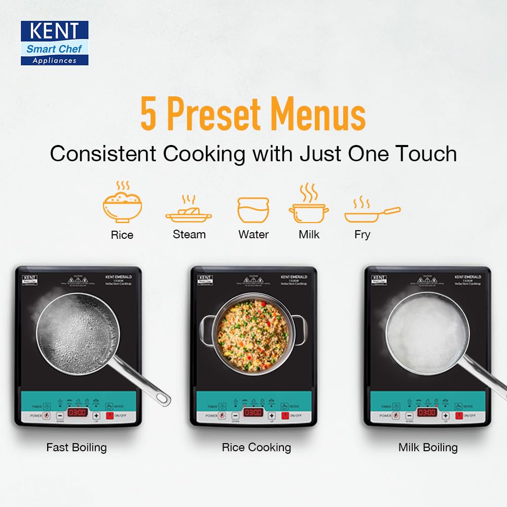 KENT Emerald Induction Cooktop 1500W|Faster Cooking With 5 Preset Options|Full Microcrystalline Glass|Adjustable Temperature Function|Overheat Protection|Safe Cooking And Easy Cleaning,Black