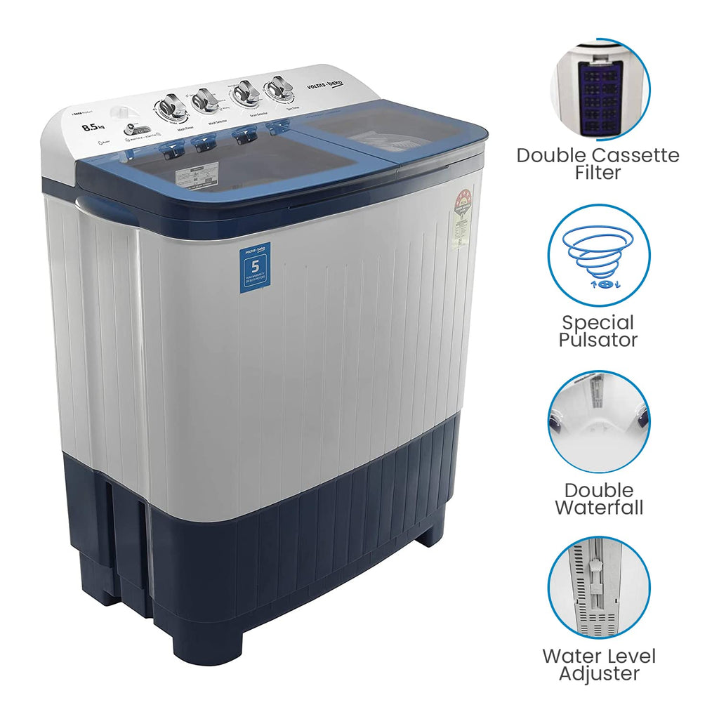 Voltas Beko WTT85DBLG 8.5 Kg Semi Automatic Washing Machine (5 Star, Double Waterfall, Soft Close Glass Lid, IPX4 Panel, Sky Blue)