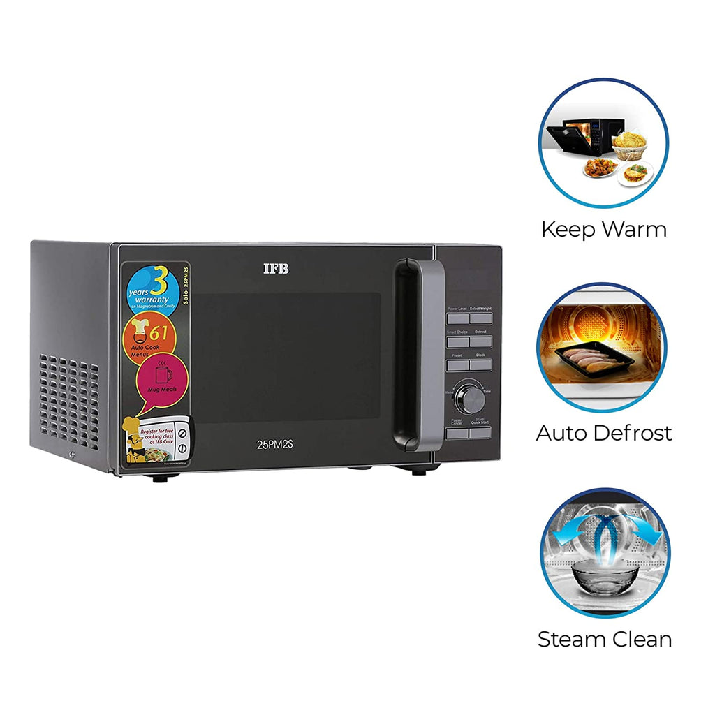 IFB 25PM2S 25L Solo Microwave Oven | 61 Auto Cook Menus | Steam Clean | Disinfect | Silver