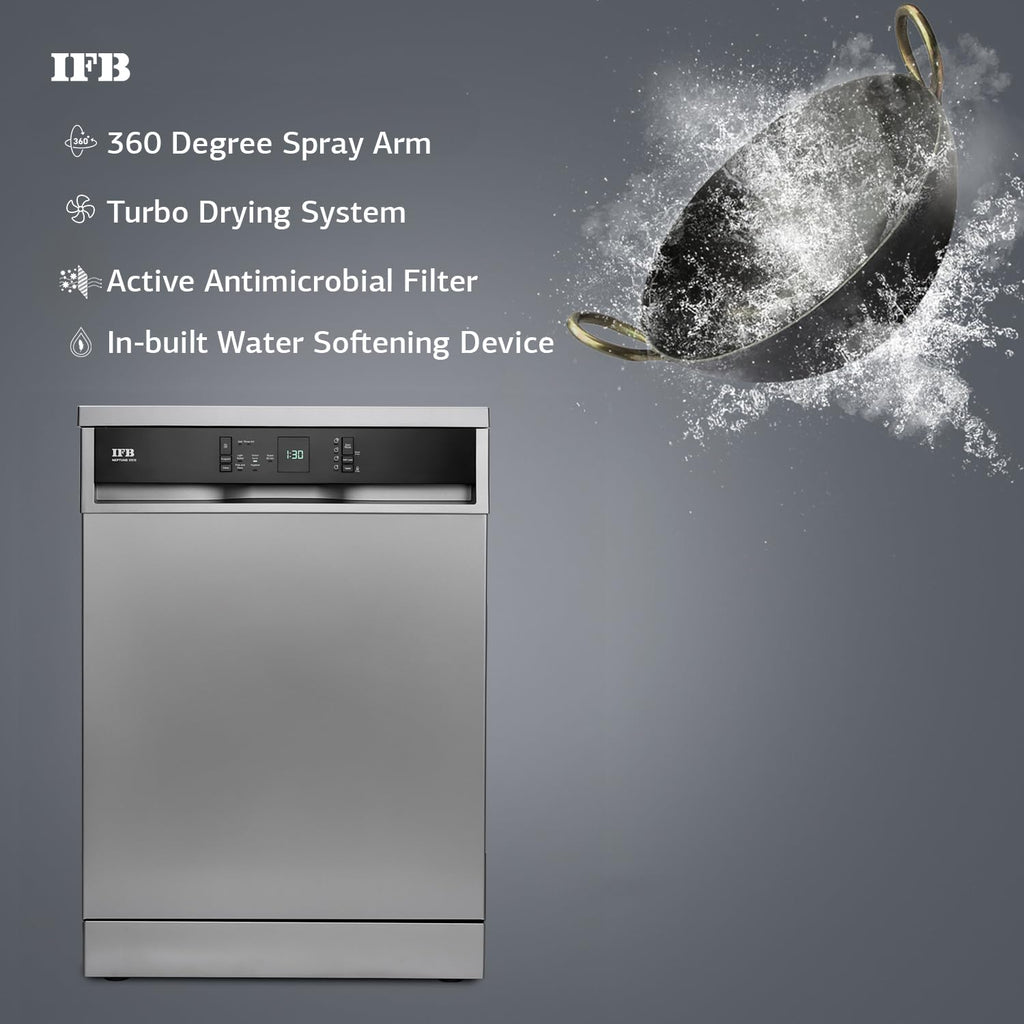 IFB Neptune VX15 15 Place Settings Dishwasher | DeepClean® Technology | 70°C Hot Wash & Steam Dry | Freestanding | Perfect for Indian Utensils – Dark Silver