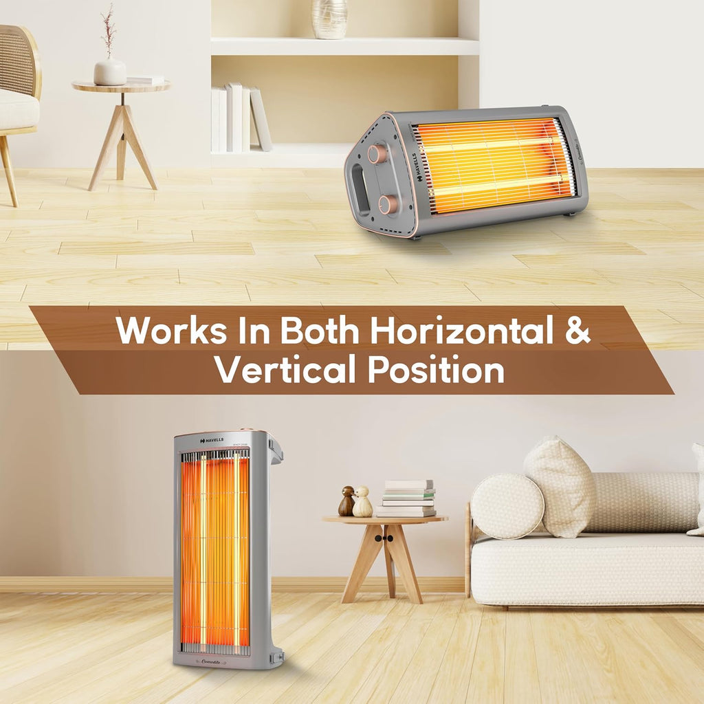 Havells Comodito 900 Watt Room Heater | Safety Grill, 120 Minute Sleep Timer Control knob | Rust Free Stainless Steal Reflector, Carbon Fiber Rods, Power Off & Heat Setting | (Pack of 1, Grey) GHRGHCHE090