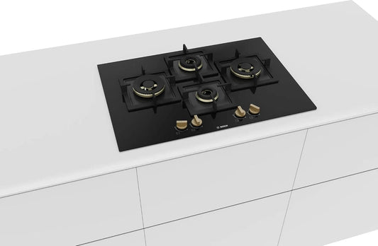 Bosch PNI7B6F20I 4 Burner Built-in Glass Gas Hob – Auto Ignition, Flame Failure Safety, Bevelled Glass, Made in Spain (Black)