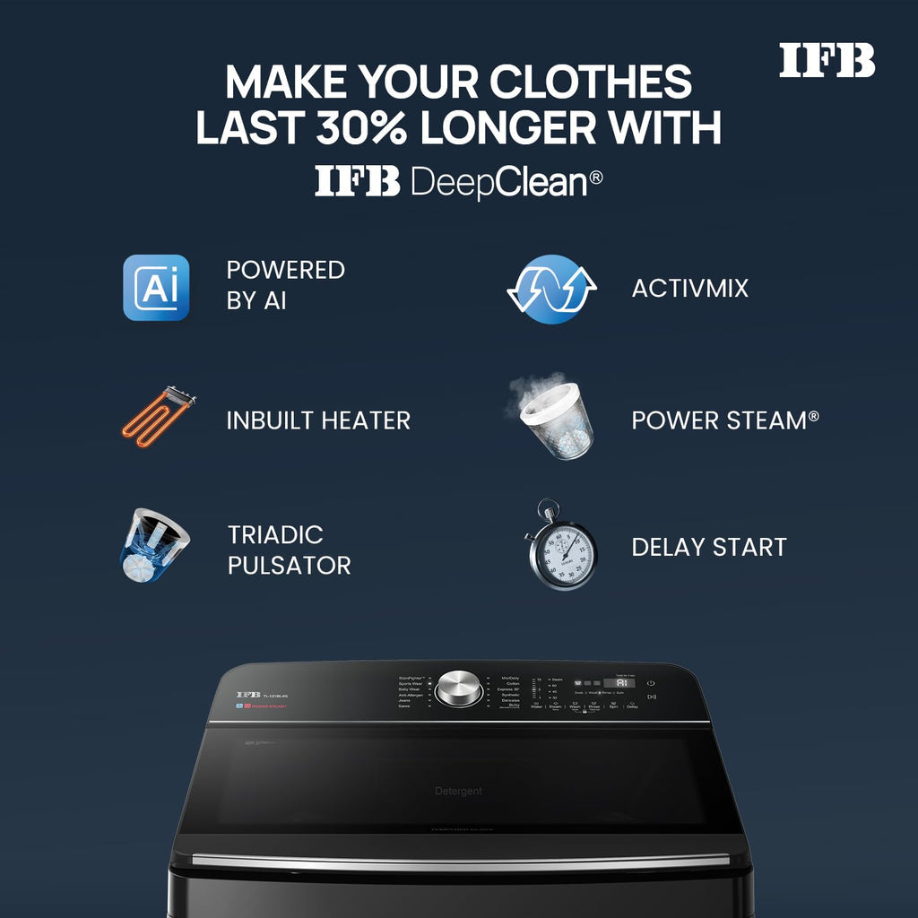 IFB TL121BL4SN 12 Kg 5 Star AI Powered Fully Automatic Top Load Washing Machine (2025 Model, DeepClean®, PowerSteam®, Inbuilt Heater, Black VCM)