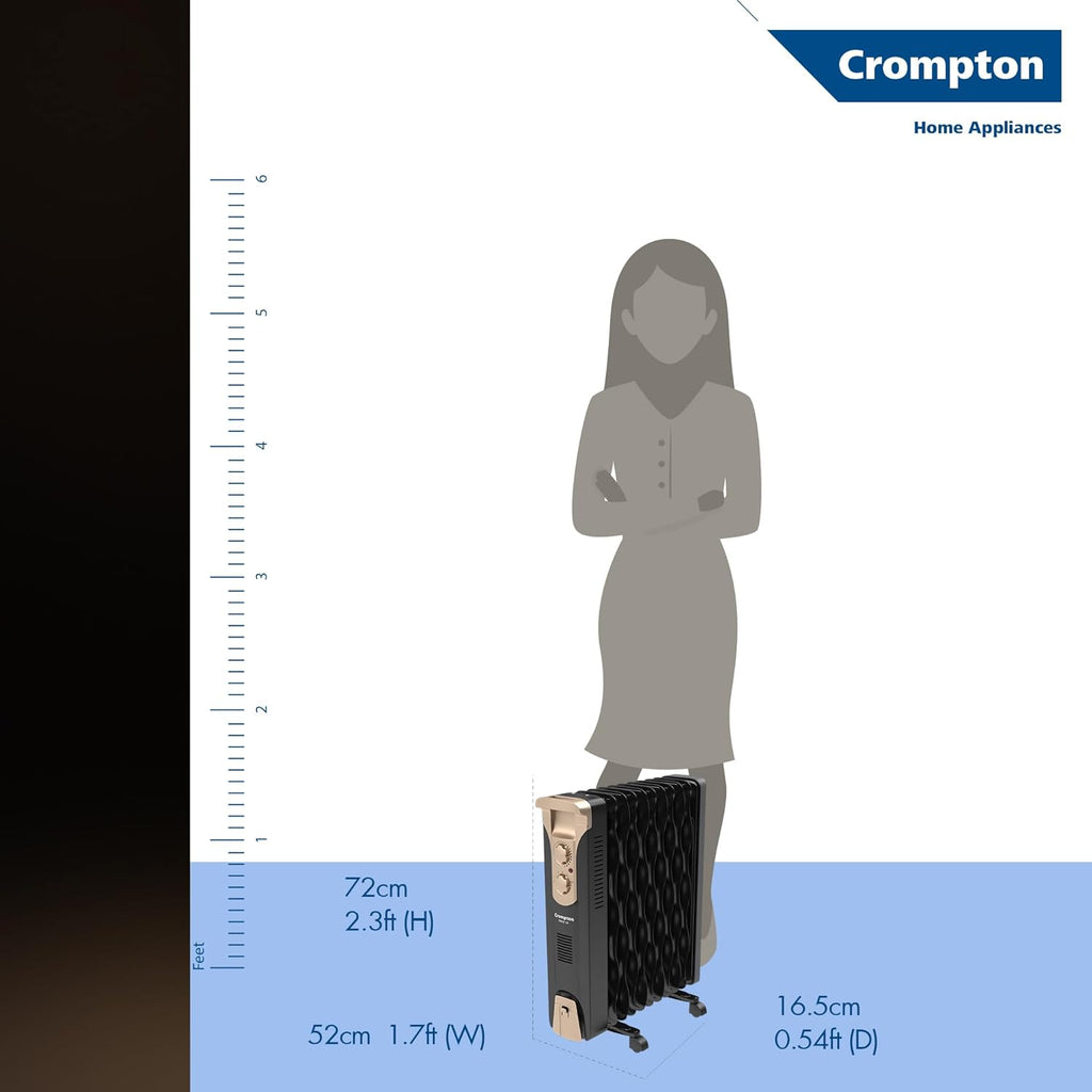 Crompton OFR2900W11F 11 Fin Insta Ferver wave Fin OFR (Oil Filled Radiator)|Room Heater|2900 W|3 Heat Settings & PTC Fan Heater| Comfortable Breathing|360° Heating (Black)|2yrs warranty|Black & Copper