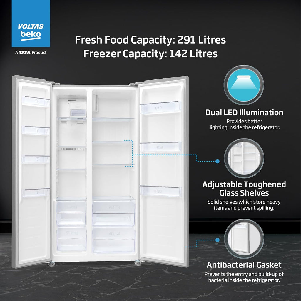 Voltas Beko RSB495/FPV300RXID 472 L Inverter Frost Free Side-by-Side Refrigerator (Inox Steel) with ProSmart Compressor, Multi Airflow & Electronic Temperature Control