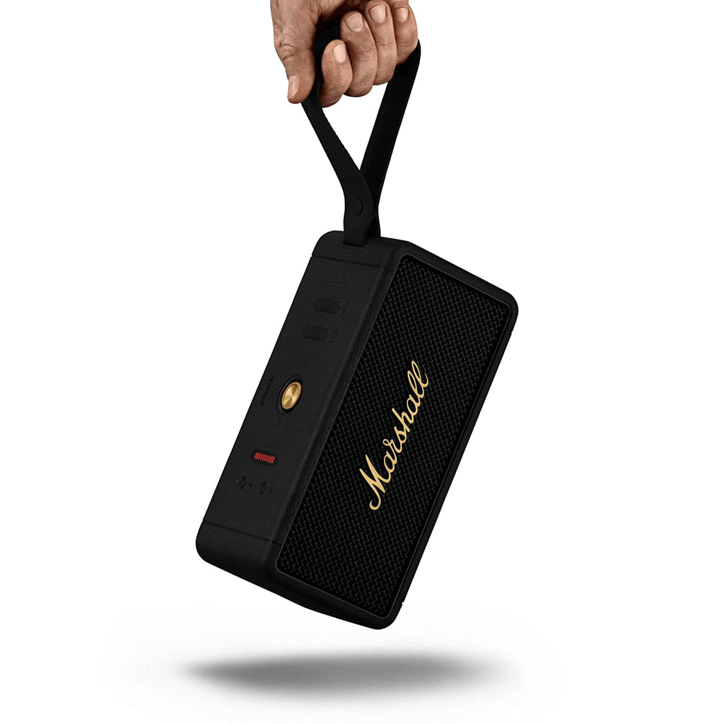 Marshall Middleton 60W Portable Bluetooth Speaker (Black & Brass) with 20+ Hours Playtime, True Stereophonic Sound, IP67 Waterproof, Stack Mode – Wireless