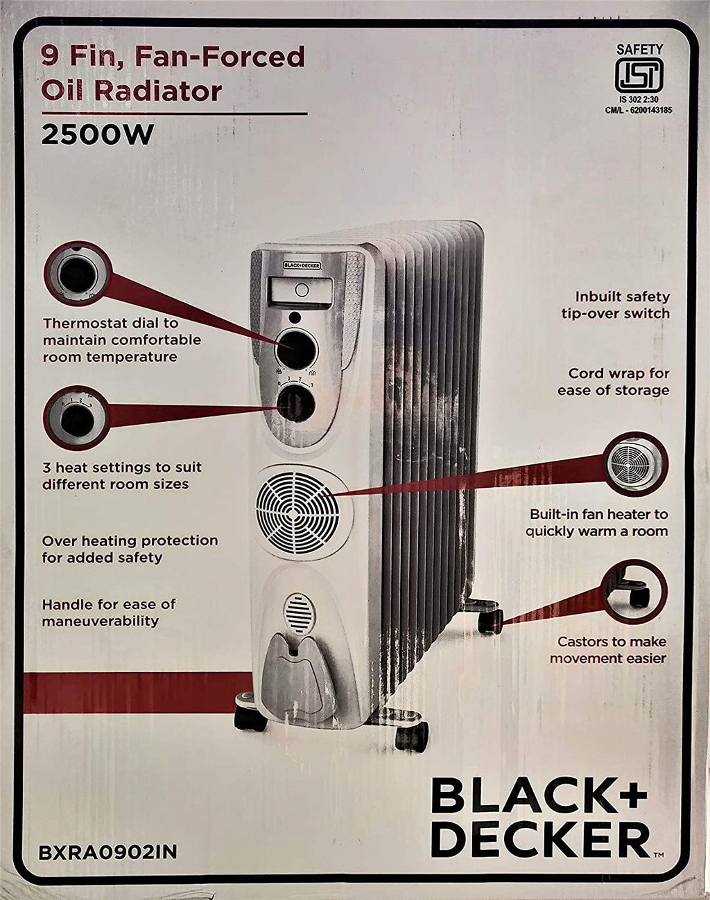 Black & Decker BXRA0902IN 9-Fin 2500W Oil Filled Radiator Room Heater with Fan, Thermostat, Overheat Protection & 3 Heat Settings | Portable Heater for Home | 2-Year Warranty