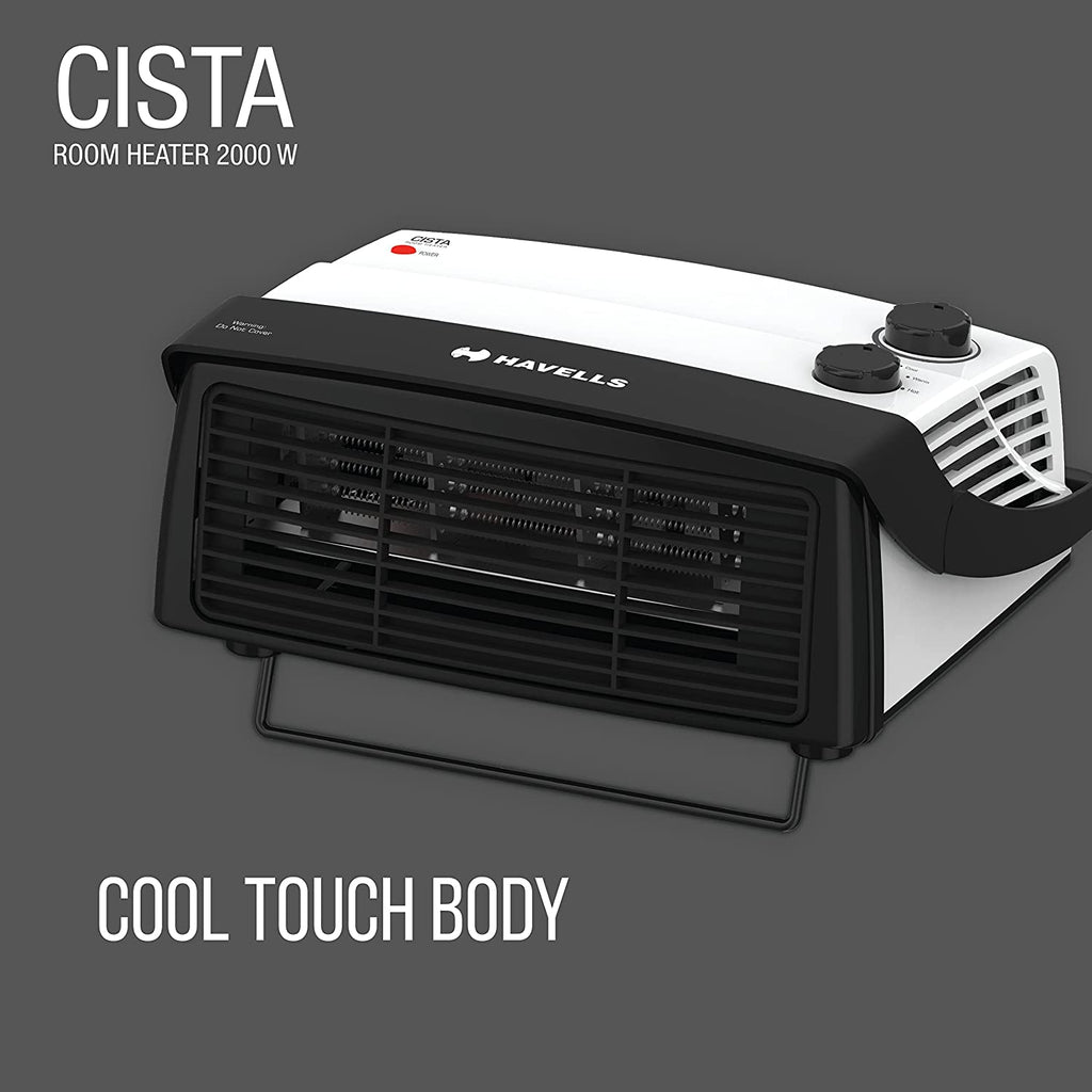 Havells Cista Room Heater 2000W (GHRFHAYW200) | Dual Heat Settings | Adjustable Thermostat | Cool Touch Body | Overheat Protection | Portable Design | White