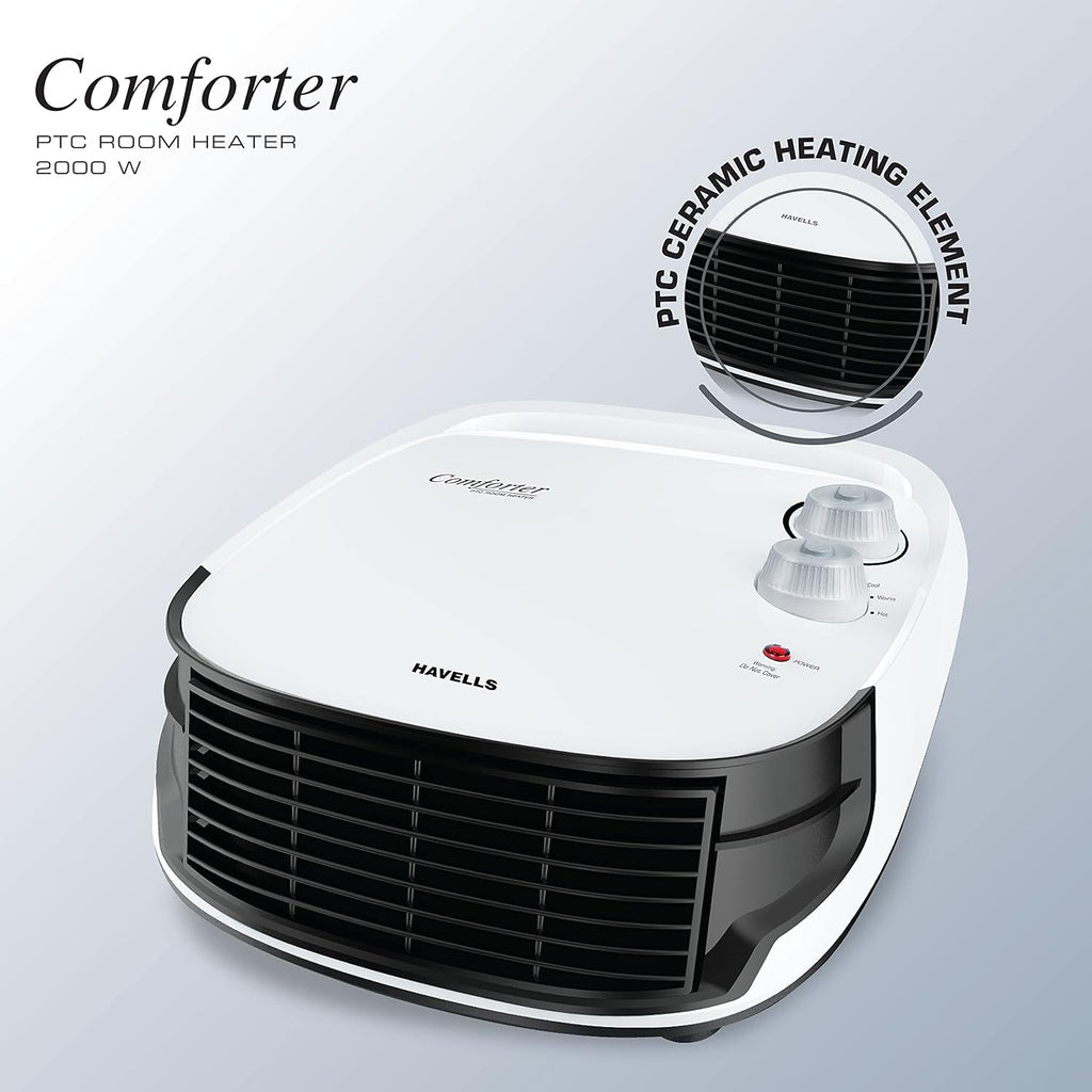 Havells Comforter 2000 Watt Room Heater with Overheat Protection| Easy to Carry for Bedroom and Office| Adjustable Thermostat Control Knob & Adjustable Vent for Air Delivery (White and Black) GHRFHAGW200