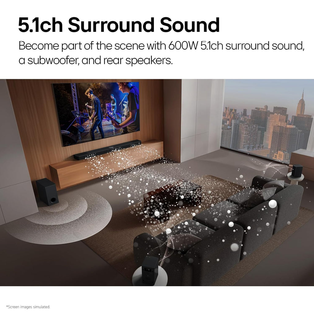 LG S65TR 600W 5.1 Channel Dolby Digital, Wireless Subwoofer & Rear Speaker with Built-in Receiver, AI Sound Pro Home Theater Soundbar with HDMI, USB & Bluetooth Connectivity (Black)