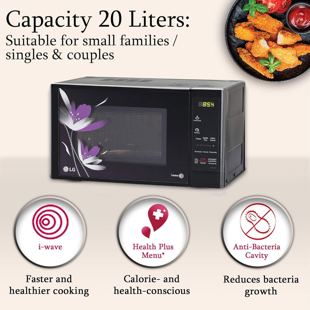LG MS2043BP 20L Solo Microwave Oven (Black, Polished Finish) with i-Wave Technology, Anti-Bacterial Cavity, 44 Auto Cook Menus & Child Lock – Ideal for Reheating, Defrosting & Healthy Cooking