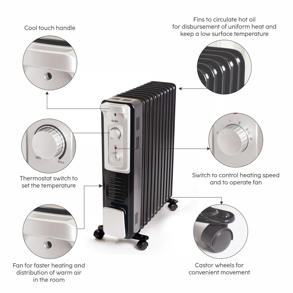 Glen HA7015 Oil Filled Radiator Room Heater 2500W with Turbo Ceramic Fan 400W Black  - 11 Fin