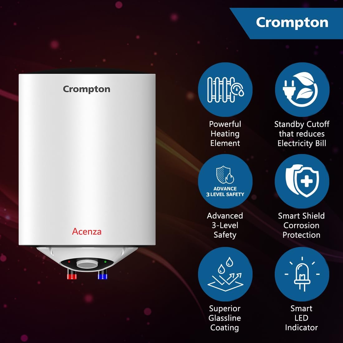 Crompton Acenza Plus 15L Storage Water Heater (ASWH-6115) | 5-Star BEE | Copper Heating Element | Glassline Tank | 8 Bar Pressure | Suraj Electronics Delhi NCR