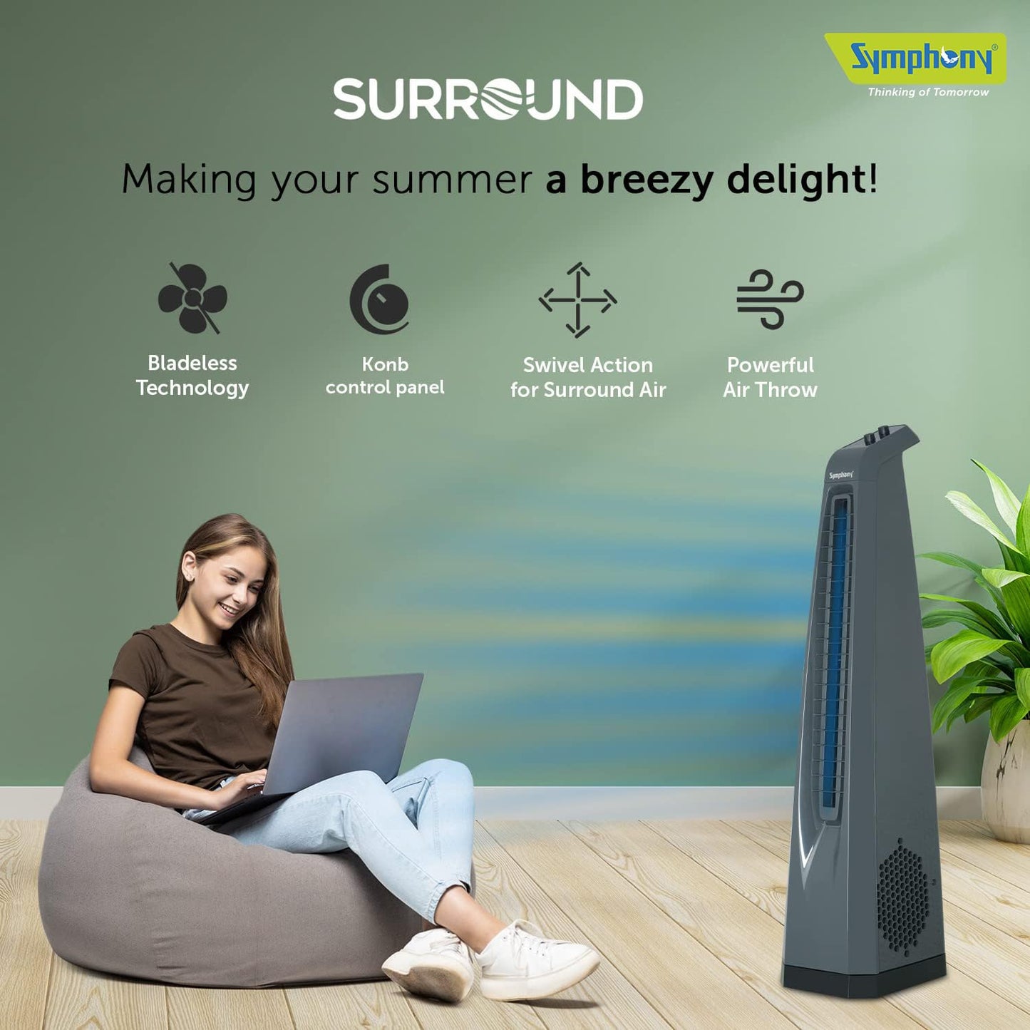 Symphony Surround Bladeless Tower Fan for Room & Office | High-Speed with Swivel Action & Simple Knob Control | Low Power Consumption | 1 Year Warranty | Grey