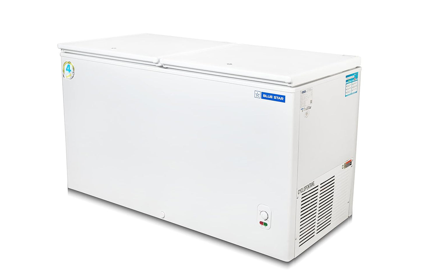 Blue Star CF4-400MEW 400L 4 Star Double Door Deep Freezer (Stainless Steel, High-Density Insulation, Lock & Key, Energy Efficient, White)