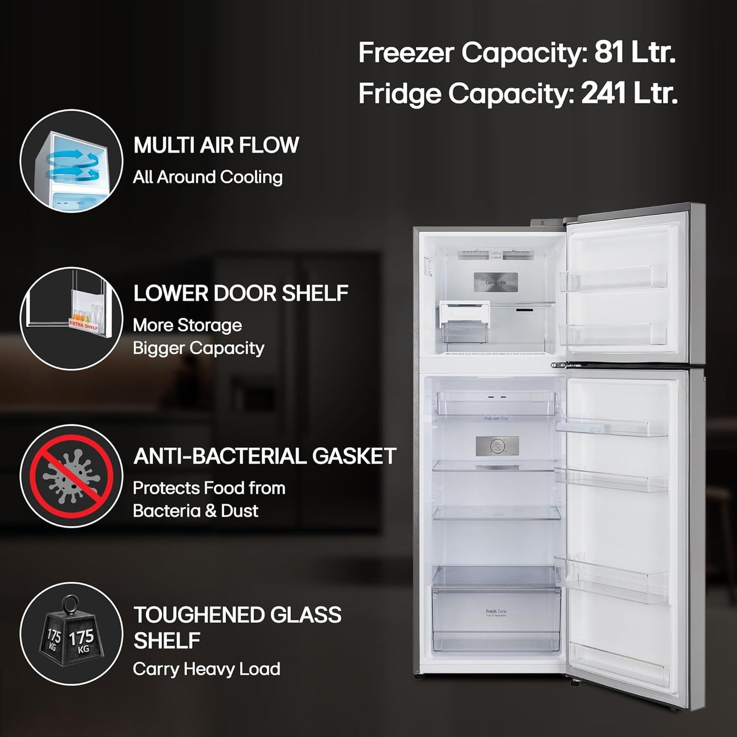 LG GL-S342SPZY 322L 2 Star Frost-Free Double Door Refrigerator | Convertible | Smart Inverter Compressor | Multi Air Flow | Shiny Steel