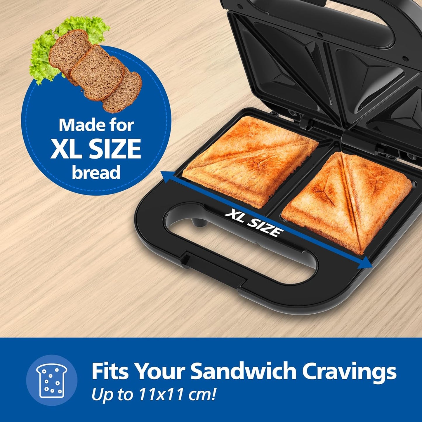 Philips HD3000/80 800W XL Sandwich Maker with Non-Stick Plates, UHD Heating & Easy Locking – Black Metallic Finish
