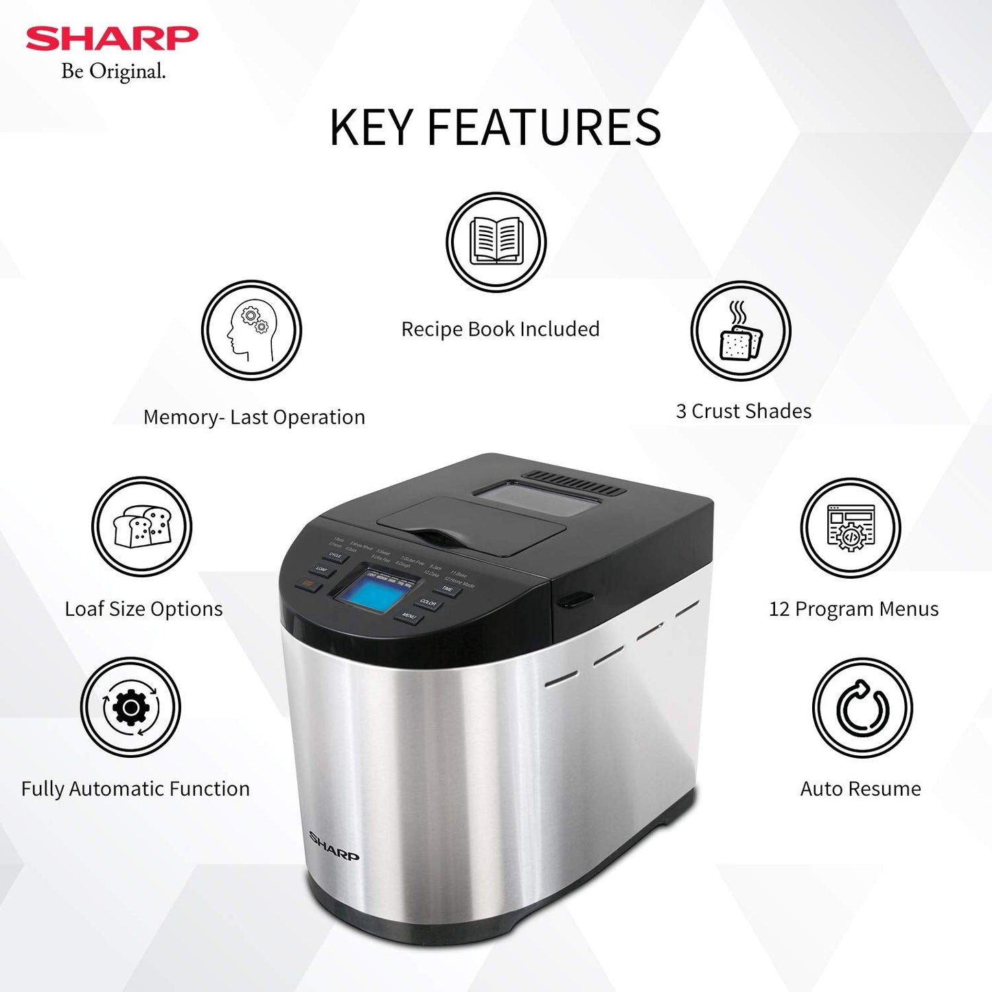 Sharp PE-105-CS Bread Maker (600W, 12 Auto Menus, Gluten-Free, Fruit &amp; Nut Dispenser) | Suraj Electronics Delhi NCR