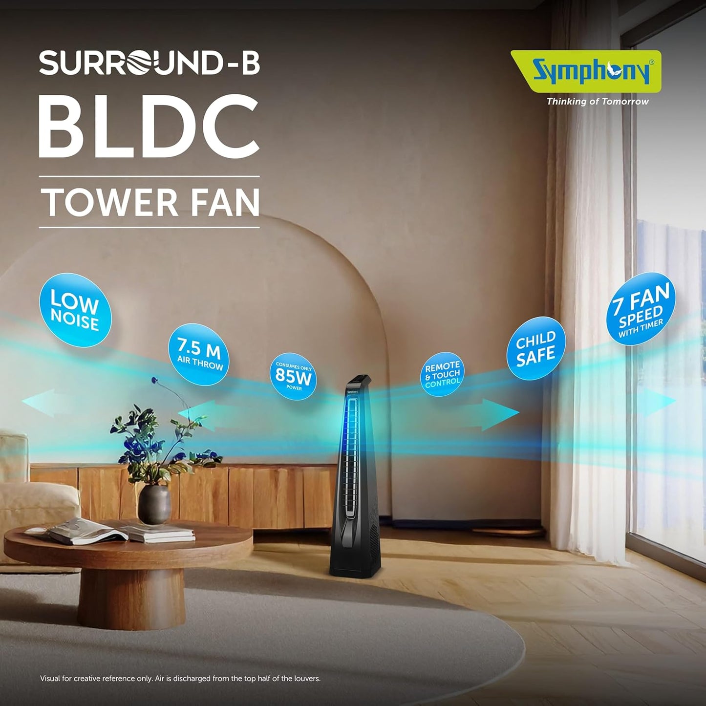 Symphony Surround B BLDC Bladeless Tower Fan For Room | Quiet & Energy-Saving with Remote Control | Touchscreen Control Panel | Low Power Consumption | 1 Year Warranty | Black