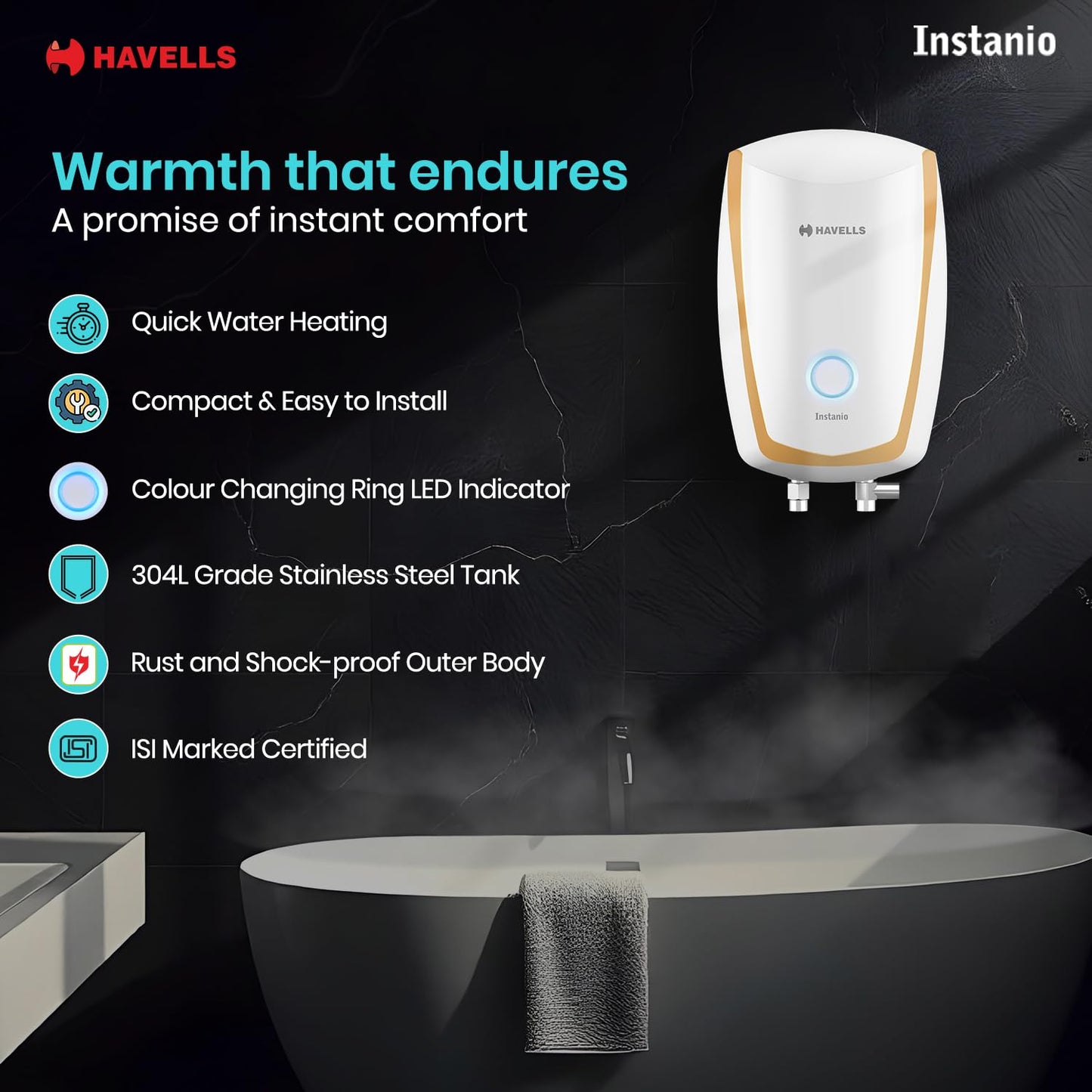 Havells Instanio 3L Instant Water Heater(Geyser)|Temp. Sensing LED Indicator| Rust & Shock Proof Body| ISI Marked|Warranty:5 year on Inner Tank| High Rise Compatible(White Mustard) GHWAIAPWH003