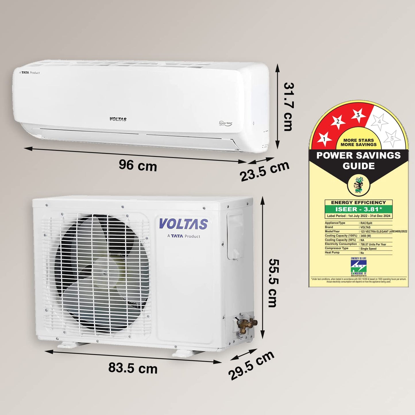 Voltas 123 Vectra Elegant 1 Ton 3 Star Fixed Speed Split AC | Copper Condenser | Turbo Cooling | R32 | Suraj Electronics Delhi NCR