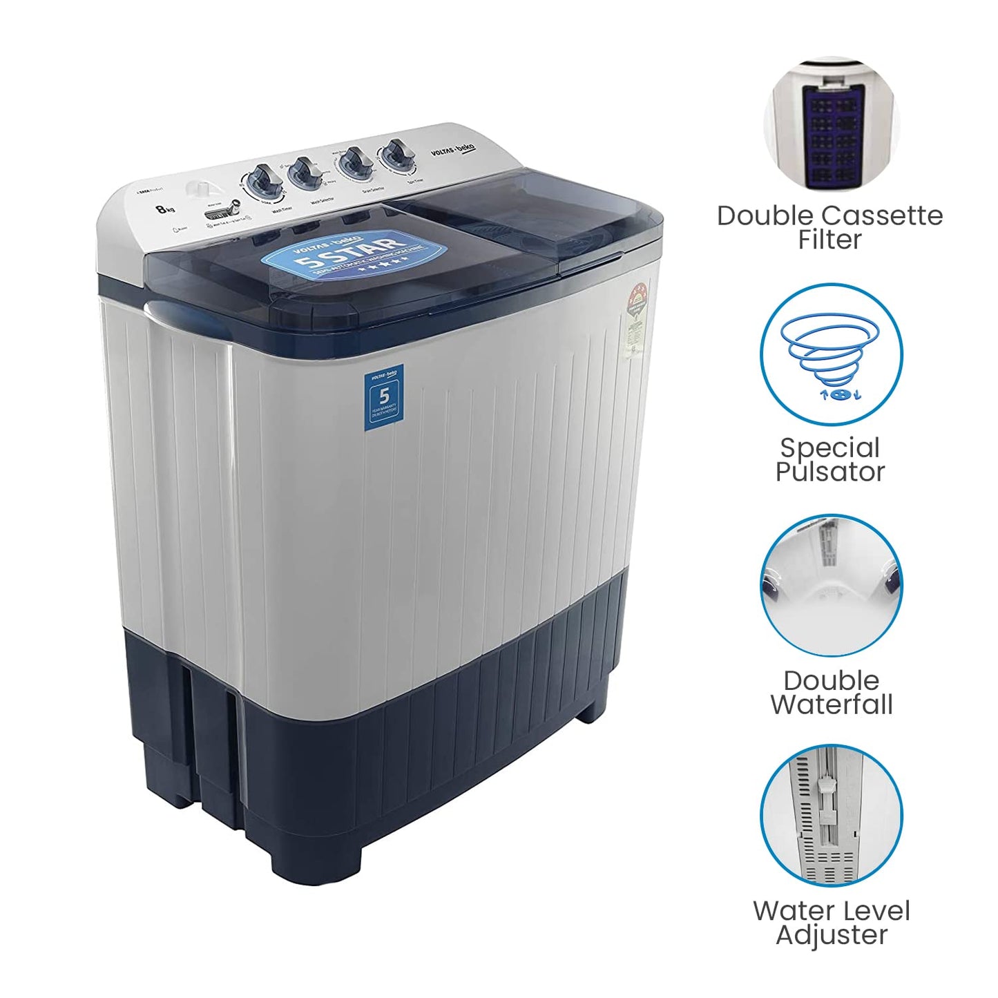 Voltas Beko WTT80DBLT 8 Kg Semi-Automatic Top Load Washing Machine | Double Waterfall | Soft Close Lid | Dual Cassette Filter | 1300 RPM Fast Dry | Sky Blue | Suraj Electronics