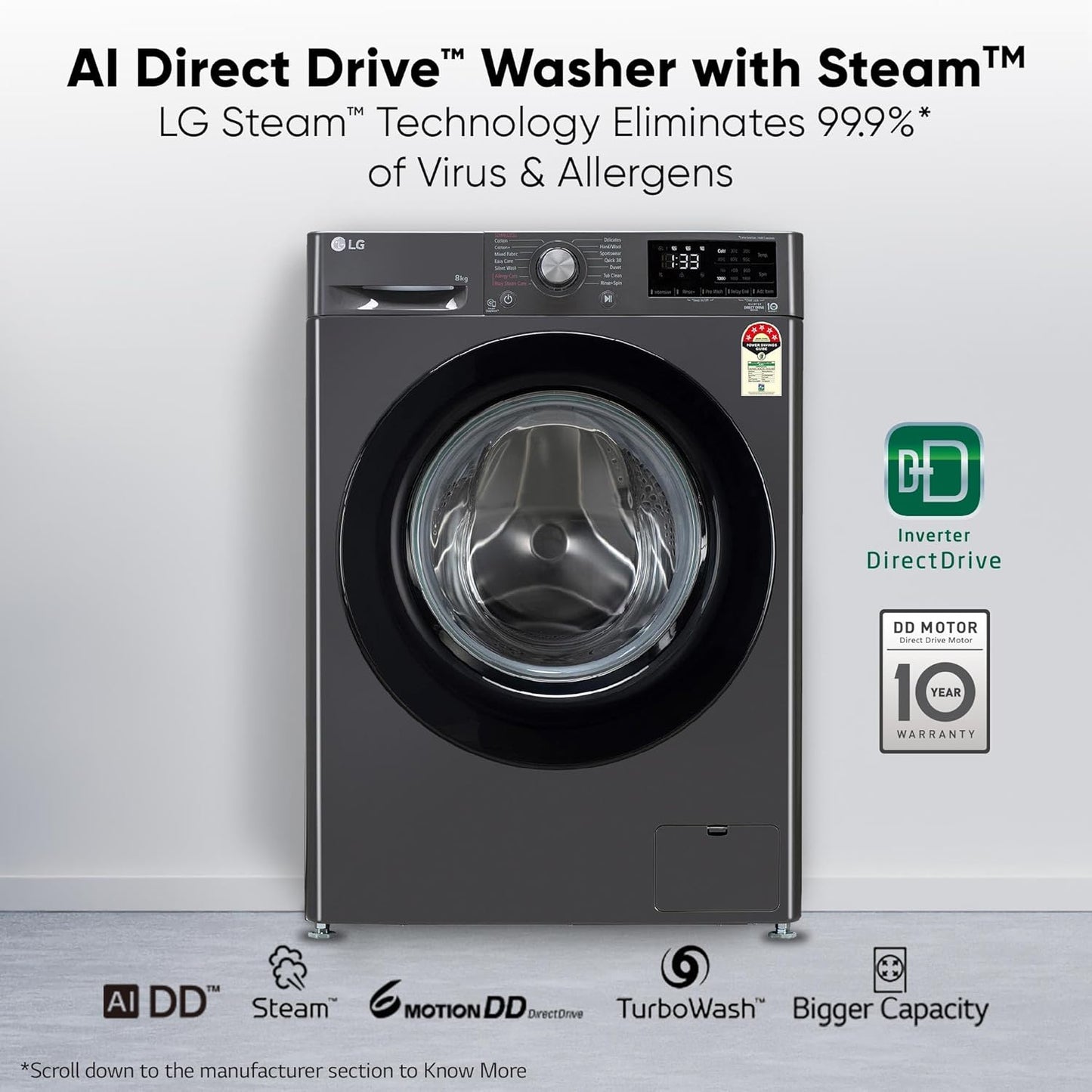 LG FHP1208Z3M 8 Kg 5 Star AI Direct Drive Front Load Washing Machine with Steam &amp; 6 Motion DD | Suraj Electronics Delhi NCR