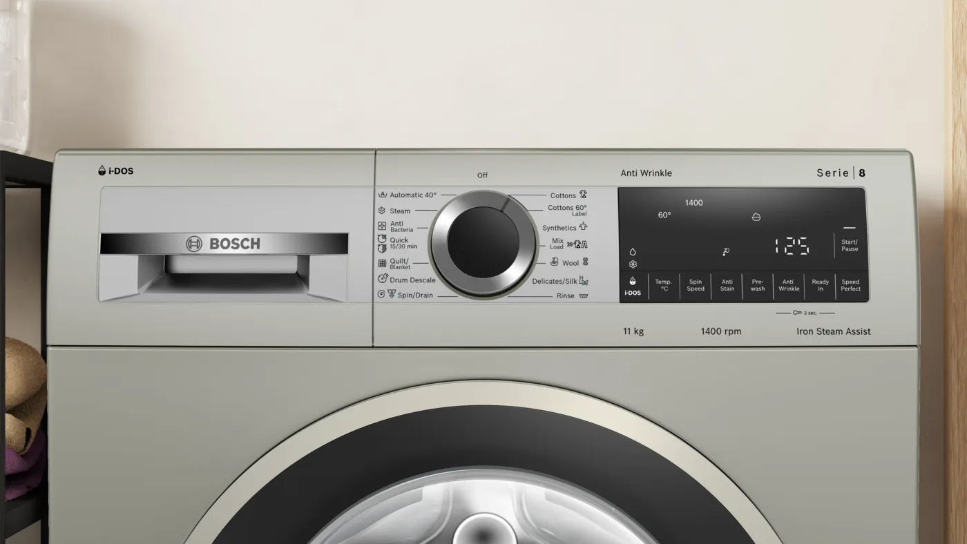 Bosch WGA264AXIN Series 8 11 kg Front Load Washing Machine | i-DOS Smart Dosing | AntiStain | SpeedPerfect | Silver Inox | Suraj Electronics Delhi NCR