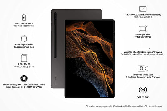 Samsung Galaxy Tab S8 Ultra 37.08 cm (14.6 inch) sAMOLED Display, RAM 12 GB, ROM 256 GB Expandable, S Pen in-Box, Wi-Fi Tablet, Graphite