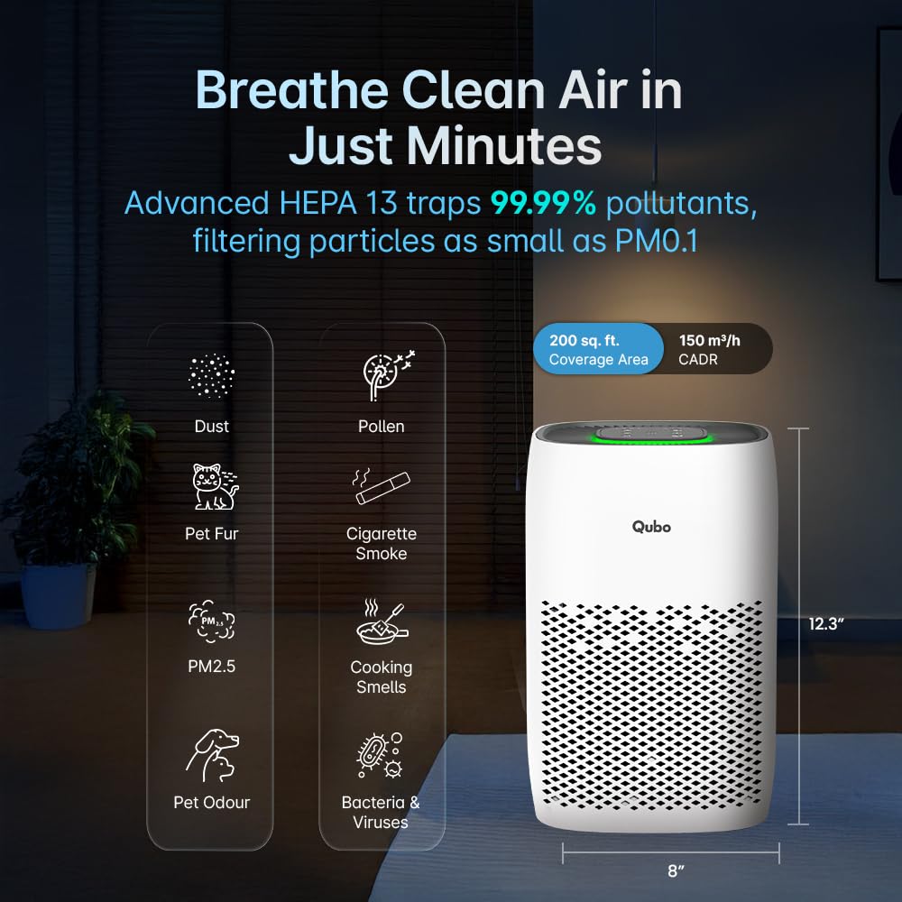 Qubo Smart Air Purifier Q200 | 4-Layer Filtration | HEPA H13 | QSensAI Smart Mode | App &amp; Voice Control | 200 Sq. Ft. Coverage | Suraj Electronics