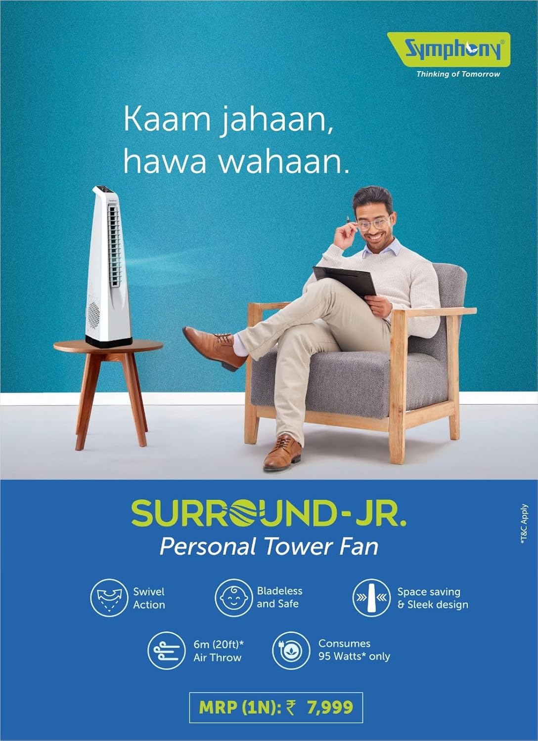 Symphony Surround JR Bladeless Tower Fan for Room | Quiet Personal Fan for Home & Office with 90° Oscillation & Turbo Throw | Knob Control | 1 Year Warranty | White