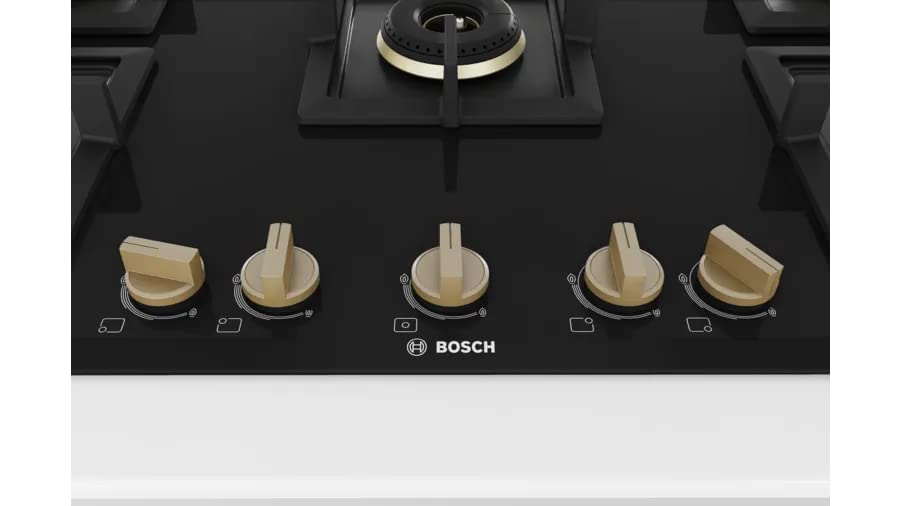 Bosch PNV9B6F20I 90cm Built-in Gas Hob | 5 Brass Burners | Auto Ignition | Tempered Glass | Flame Failure Safety | Cast Iron Support