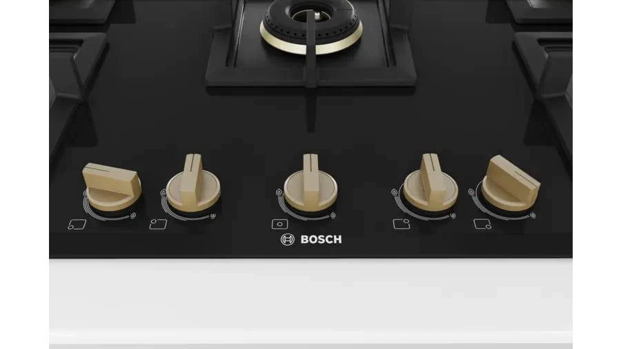 Bosch Built in Gas Hob Black Tempered glass Glass 5 Burner Auto Ignition 90 cm True Brass 2D Ring Burners with Matt Black Heat Shields & Cast Iron pan supports (PNV9B6F20I)