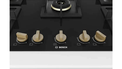 Bosch Built in Gas Hob Black Tempered glass Glass 5 Burner Auto Ignition 90 cm True Brass 2D Ring Burners with Matt Black Heat Shields & Cast Iron pan supports (PNV9B6F20I)