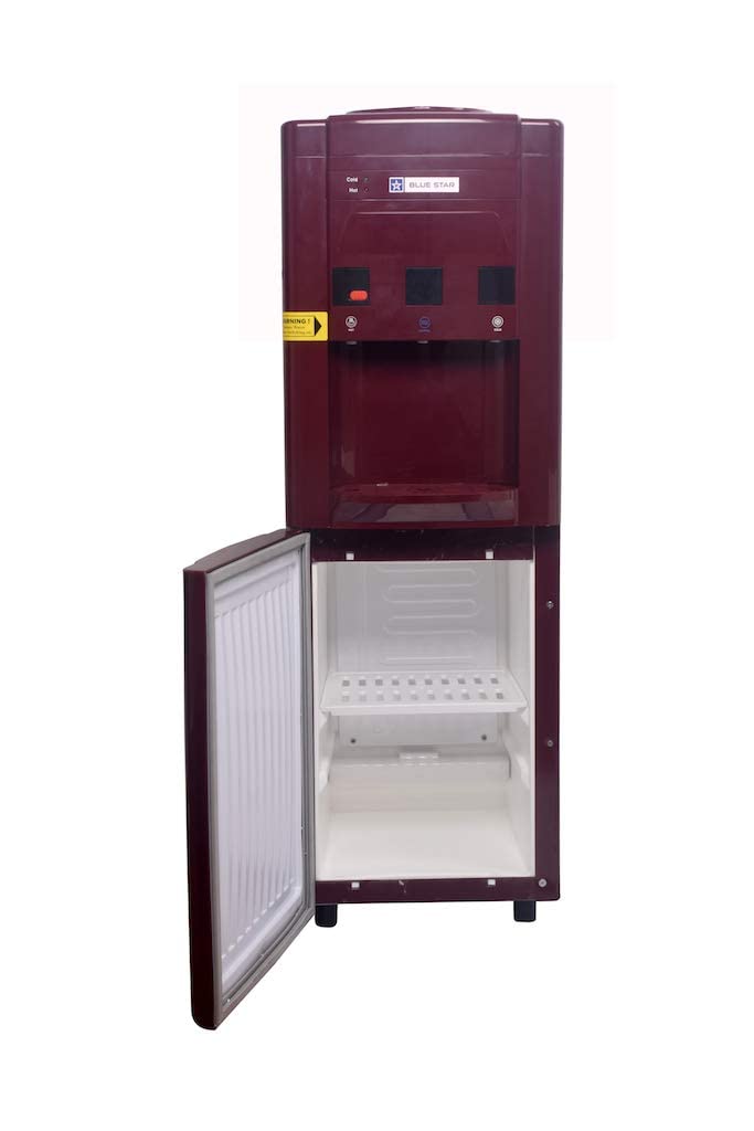 Blue Star BWD3FMRGA-M Water Dispenser with Refrigerator | 3-Tap Hot, Cold & Normal Water | 15L Cooling Cabinet | Maroon | Made in India