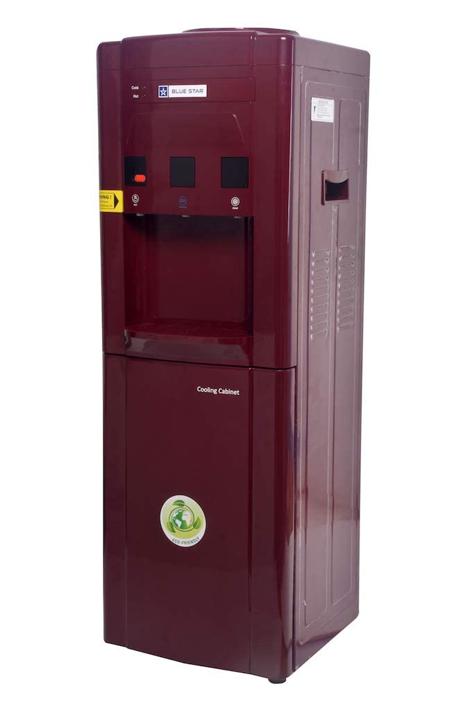 Blue Star BWD3FMRGA-M Water Dispenser with Refrigerator | 3-Tap Hot, Cold & Normal Water | 15L Cooling Cabinet | Maroon | Made in India