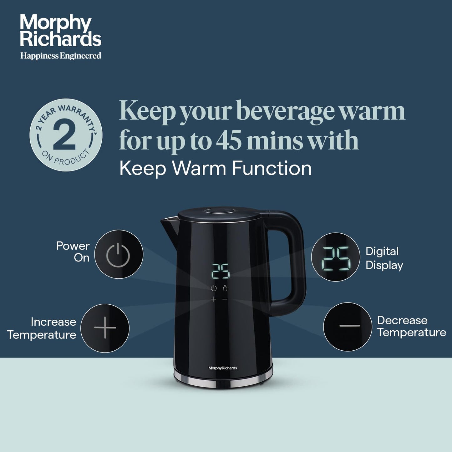 Morphy Richards Windsor Series 1.7 Litre Digital Electric Kettle|Digital Display with Touch Controls|Strix Controller: Accurate Temperature Control|Keep warm function|2 Years Product Warranty|Black