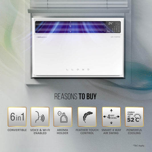 Lloyd GLW18V5FWTBR 1.5 Ton 5 Star Inverter Window AC (Copper, Convertible 6-in-1 cooling, 4 Way Air Swing, Clean Air Filter, White)