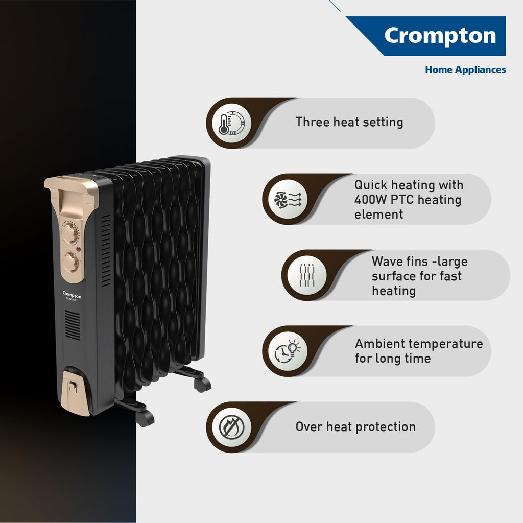 Crompton OFR2900W13F 13 Fin Insta Ferver wave Fin OFR (Oil Filled Radiator)|Room Heater|2900 W|3 Heat Settings & PTC Fan Heater|Comfortable Breathing|360° Heating (Black)|2yrs warranty | Black & Copper