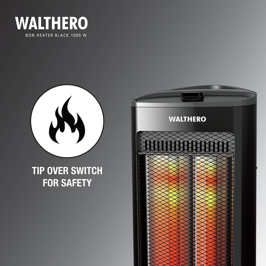 Havells Walthero Carbon Black 1000W Tower Room Heater | Dual Heat Settings | Tip-Over Safety | Oscillation | Rust-Free Reflector | Made in India