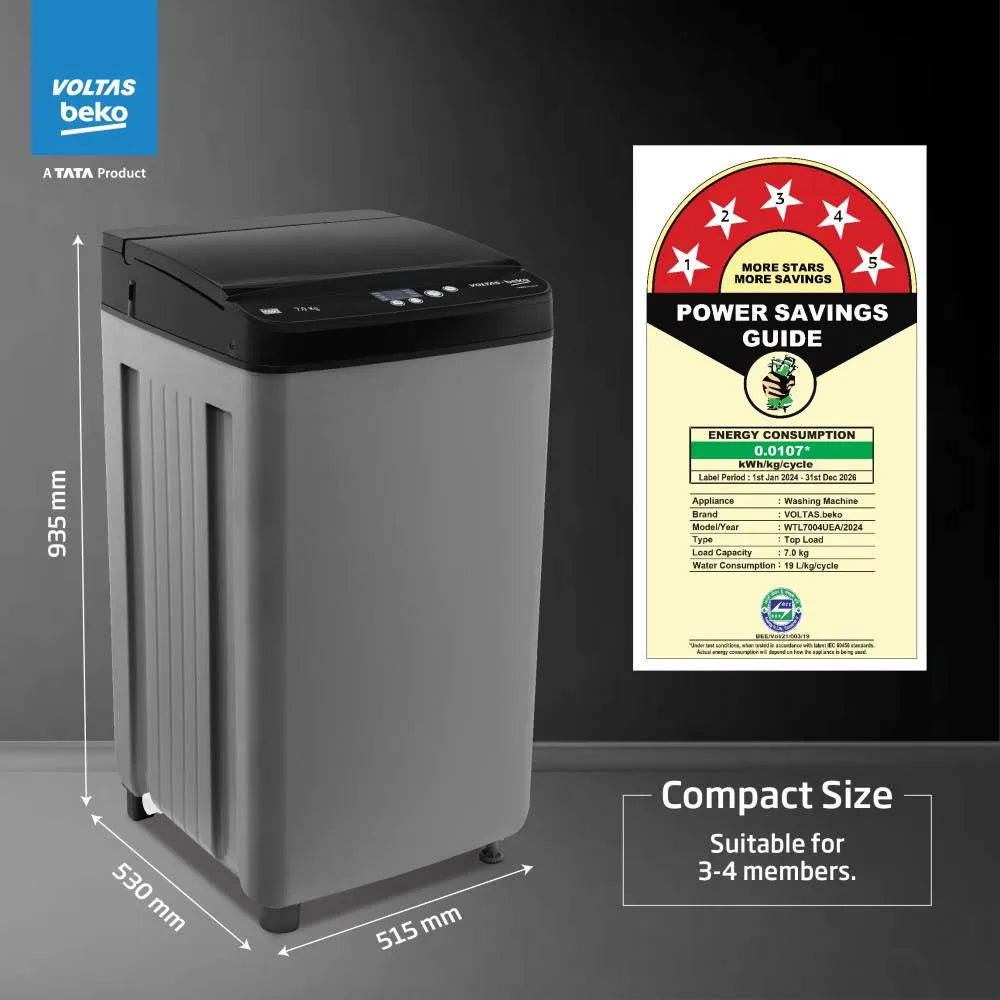 Voltas Beko WTL7004UEA/SPBPOD 7 Kg 5 Star Fully Automatic Top Load Washing Machine with Double Waterfall, Purestream Pulsator & SteelGlum Drum – Grey