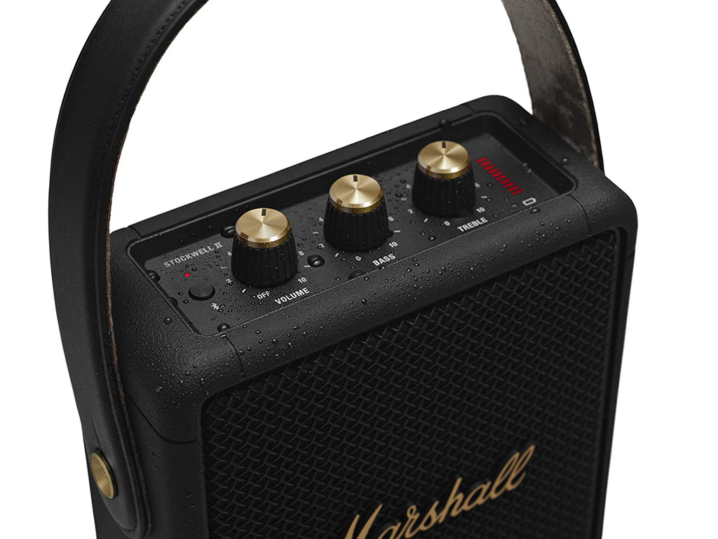 Marshall Stockwell II Bluetooth Portable Speaker – 20+ Hours Playtime, IPX4 Water Resistant, Multi-Directional Sound, Black & Brass